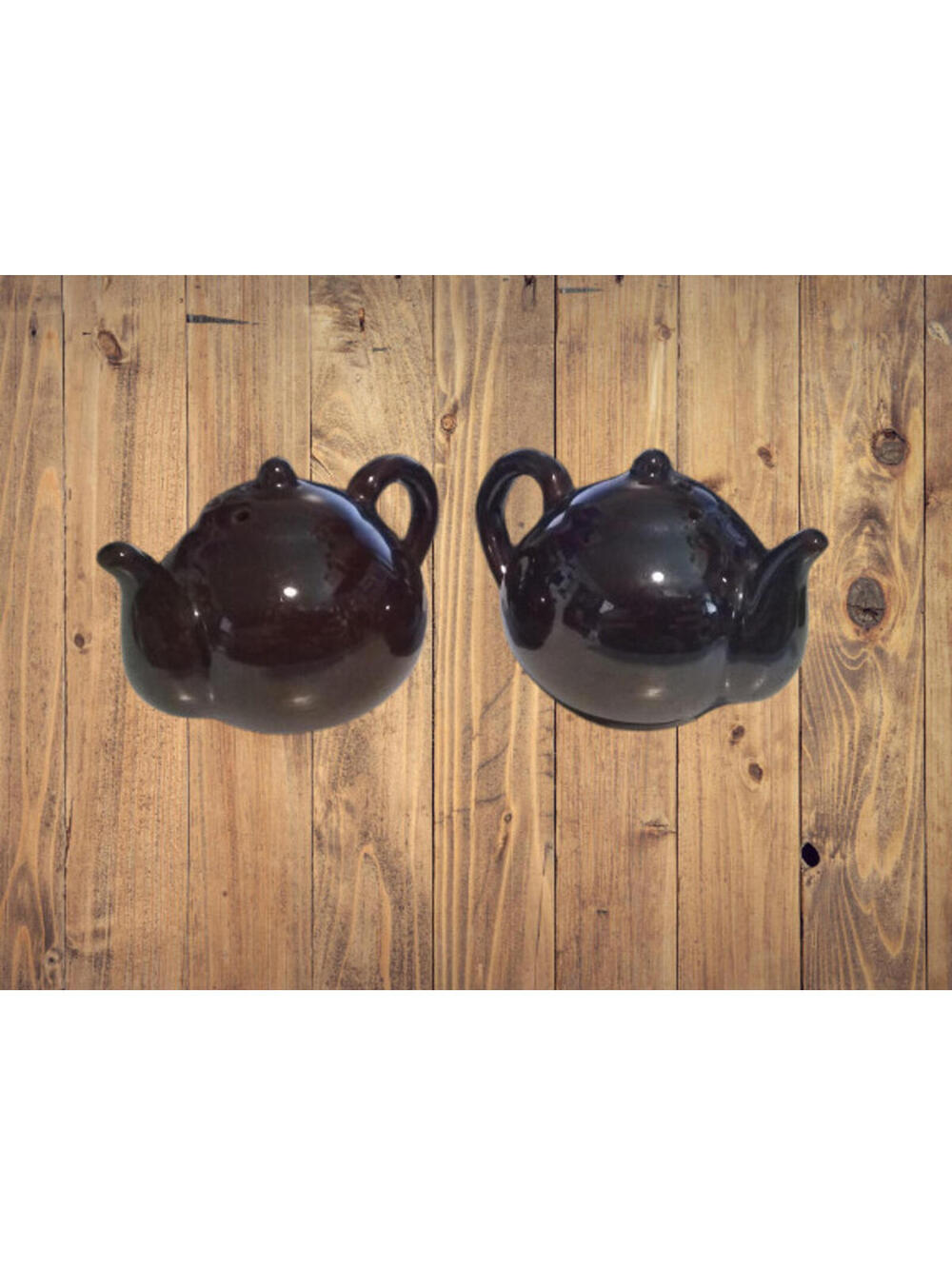 Vintage Glazed Brown Teapot Salt and Pepper Shakers Wooden Cork Japan